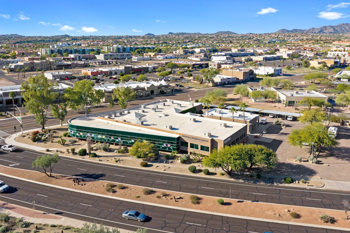 Aerial view of 16930 E Palisades Blvd with the McDowell Mountains behind